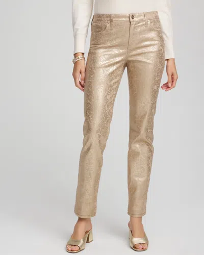 Chico's Girlfriend Slim Ankle Foiled Lace Jeans In Champagne Fizz In Neutral
