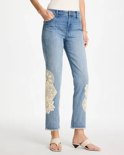 Chico's Girlfriend Slim Crochet Fray Ankle Jeans In Light Wash Denim