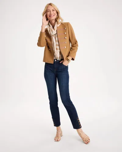 Chico's Girlfriend Slim Faux Leather Hem Ankle Jeans In Teagan Indigo