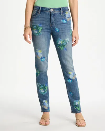 Chico's Girlfriend Slim Floral Ankle Jeans In Light Wash Denim In Blue