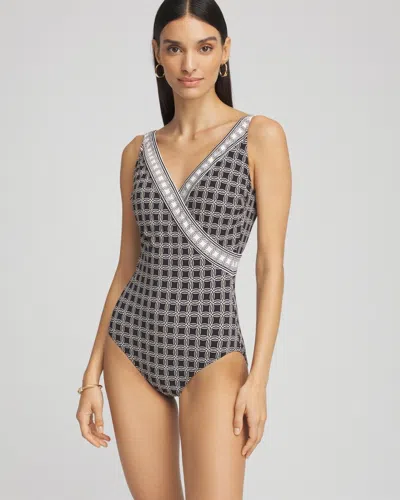 Chico's Gottex Golden Chic Surplice Swimsuit In Black/white Size 14 |  In Black/natural Cream