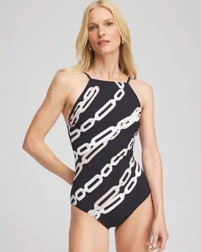 Chico's Gottex High Neck Halter Top Swimsuit In Black/white Size 14 |  In Black/natural Cream