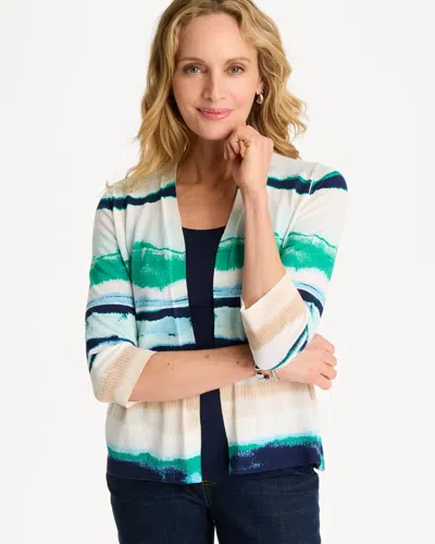 Chico's Grotto Striped Summer Romance Cardigan Sweater In Green Clover