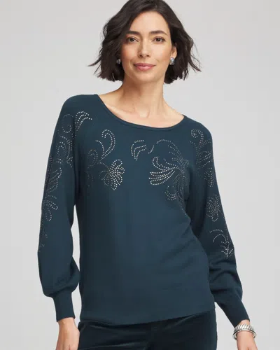 Chico's Heatset Embroidered Pullover In Teal Shadow