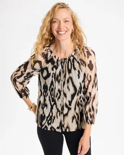 Chico's Ikat Animal Crinkle Mesh Ruffle Neck Top In Black