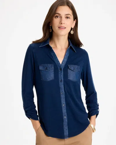 Chico's Indigo Knit Denim Henley Top In Riviera Authentic