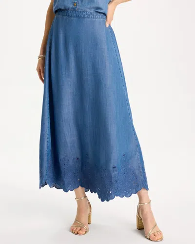 Chico's Indigo Twill Embroidered Hem Skirt In Medium Wash Denim