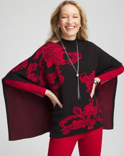 Chico's Jacquard Embroidered Mock Neck Poncho In Black