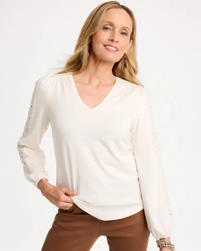 Chico's Jersey Knit Cutwork Top In Soft Ivory