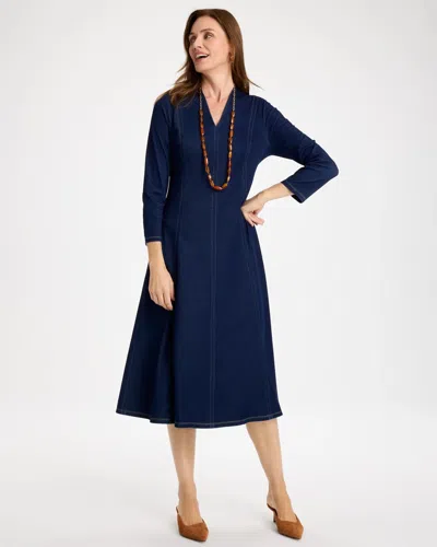 Chico's Knit Denim Seamed 3/4 Sleeve Dress In Blue In Indigo