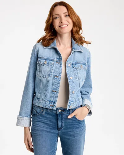 Chico's Knit Denim Trucker Frayed Jacket In Lakeside Indigo