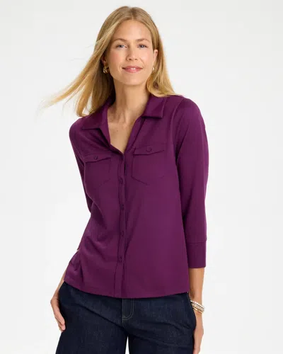 Chico's Knit Henley 3/4 Sleeve Tee In Elderberry Wine In Multi