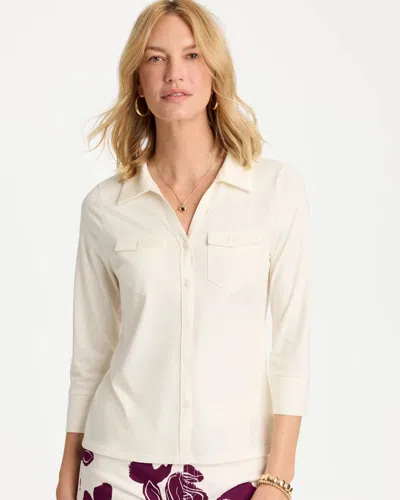 Chico's Knit Henley 3/4 Sleeve Tee In White In Nude