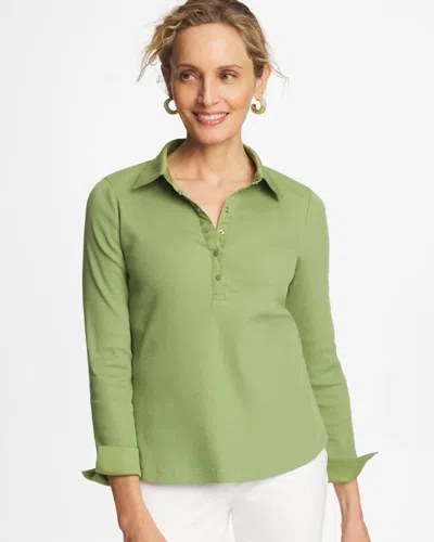 Chico's Knit Woven Mix Rib Henley In Green Fig