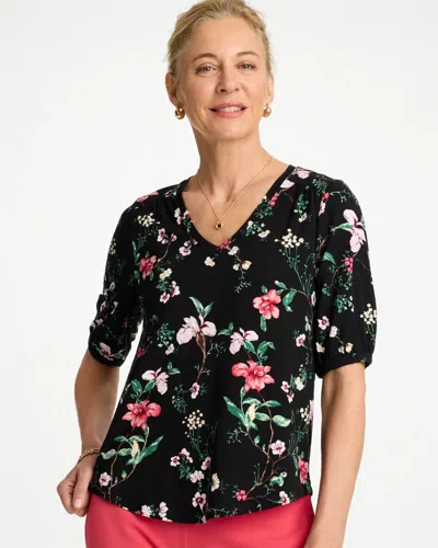 Chico's Kyoto Shirred Elbow Sleeve Tee In Black