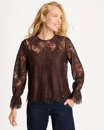 Chico's Lace Blouson Sleeve Blouse In Bitter Chocolate