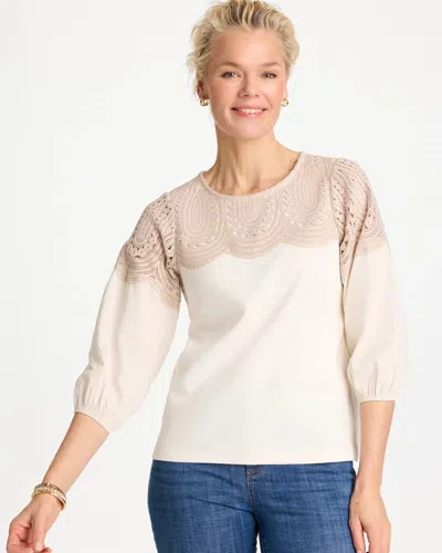 Chico's Lace Crochet Sleeve Tee In White In Neutral