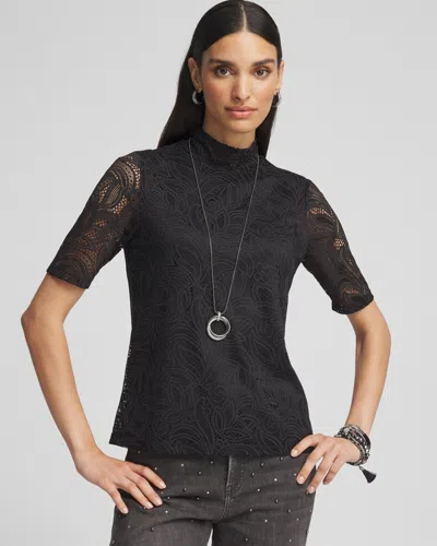 Chico's Lace Mock-neck Short Sleeve Tee In Black