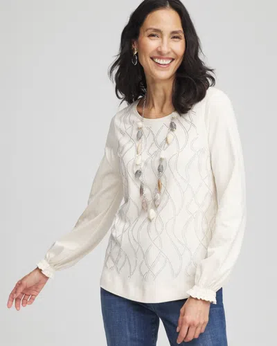 Chico's Embellished Long-sleeve Top In English Cream Size 8/10 |