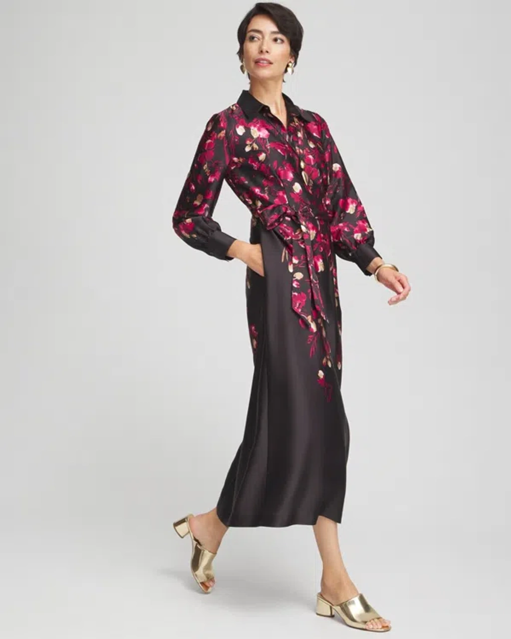 Chico's Leaf Print Shirt Dress In Black Size 8 | | ModeSens