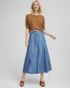 Chico's Lightweight Denim Fly Front Midi Skirt In Bailey Indigo