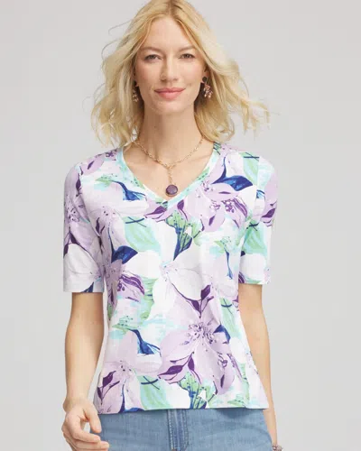 Chico's Lily Print V-neck Perfect Tee In White