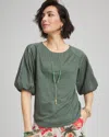 Chico's Linen Balloon-sleeve Blouse In Green Size 16/18 |  In Dark Mineral Green