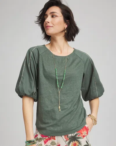 Chico's Linen Balloon-sleeve Blouse In Green Size 16/18 |  In Dark Mineral Green