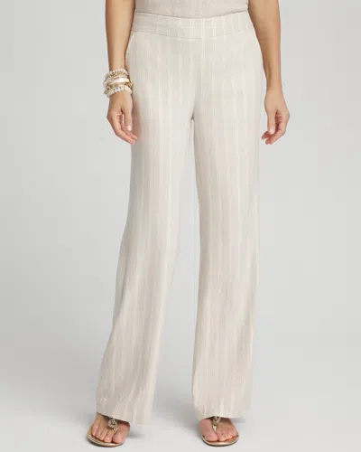 Chico's Petite Linen Blend Stripe Relaxed Straight Leg Pants In Tan Size 10p |  In Beige