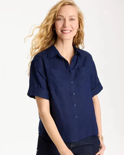 Chico's Linen Camp Collared Shirt In Blue
