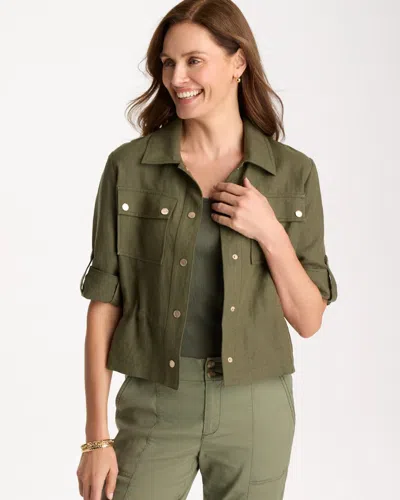 Chico's Linen Cargo Jacket In Green