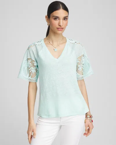 Chico's Linen Crochet Lace Short Sleeve Tee In Blue