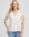 Chico's Linen Crochet Lace Short Sleeve Tee In Neutral In Gray