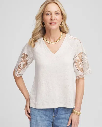 Chico's Linen Crochet Lace Short Sleeve Tee In Neutral In Gray