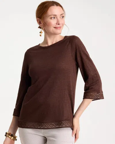 Chico's Linen Crochet Lace Tee In Deep Brown