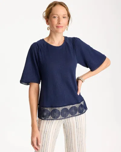 Chico's Linen Crochet Tee In Blue In Multi
