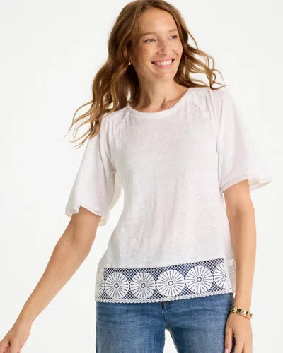Chico's Linen Crochet Tee In White In Multi