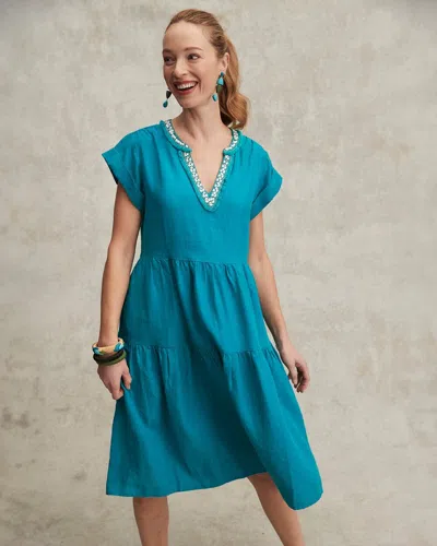Chico's Linen Embellished Cap Sleeve Dress In Peacock Blue Size 12 |
