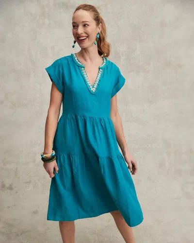 Chico's Linen Embellished Cap Sleeve Dress In Blue Size 6 |  In Peacock Blue
