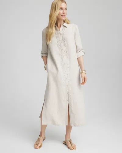 Chico's Linen Embellished Midi Shirt Dress In Tan Size 20/22 |  In Oatmeal