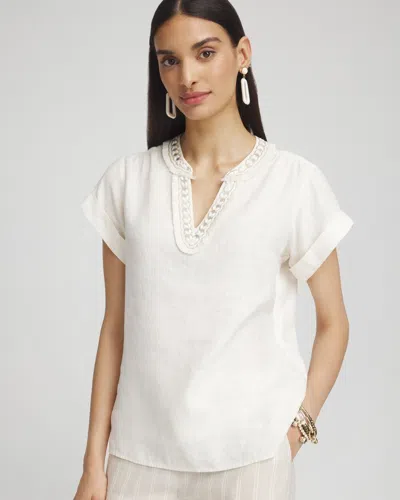 Chico's Linen Embellished Neck Top In Ecru/white Size 6 |