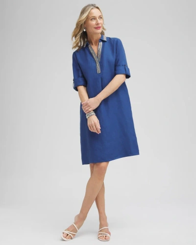 Chico's Linen Embellished Shirt Dress In Blue Size 12 |  In Distinguis