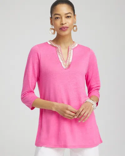 Chico's Linen Embellished Tunic Top In Pink Size 16/18 |  In Delightful Pink