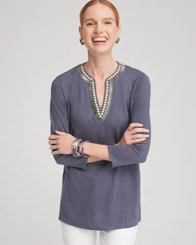 Chico's Linen Embellished Tunic Top In Soft Slate Size Xl |