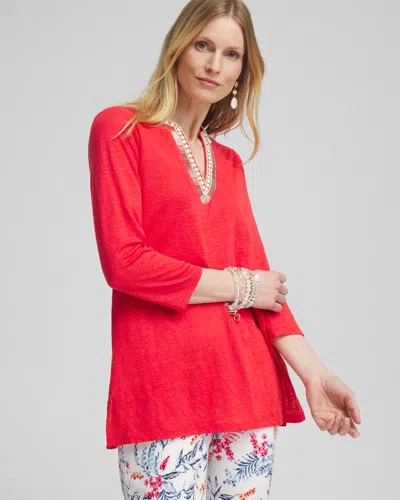 Chico's Linen Embellished Tunic Top In Watermelon Punch Size Xs |