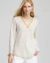 Chico's Linen Embellished V-neck Tunic Top In River Rock Size 12/14 |  In River Rock