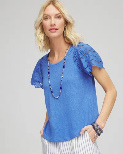 Chico's Linen Embroidered Flutter-sleeved Tee In Blue Size 20/22 |  In Blue Pearl