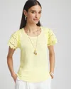 Chico's Linen Embroidered Flutter-sleeved Tee In Yellow Size 20/22 |  In Bright Yellow