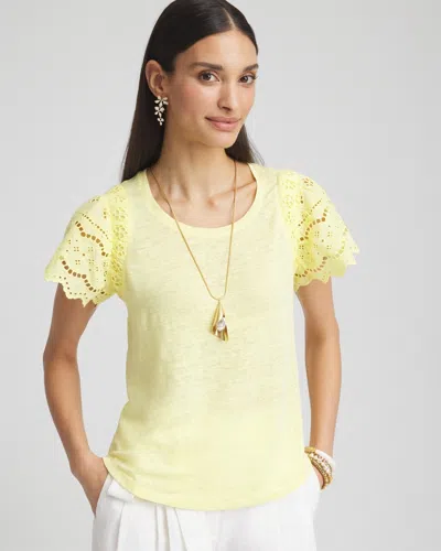 Chico's Linen Embroidered Flutter-sleeved Tee In Yellow Size 20/22 |  In Bright Yellow
