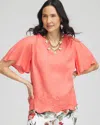 Chico's Linen Embroidered Hem Blouse In Melon Mambo Size 16/18 |  In Melon Mambo